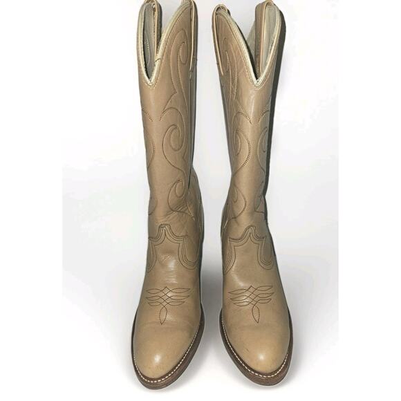 Vintage ACME Boots Pull On Heeled Tan Leather Women's 7.5 Medium - Picture 2 of 12